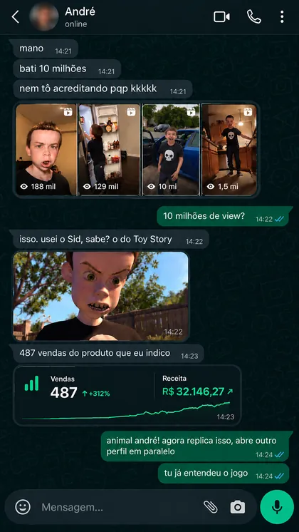 Conversa no WhatsApp com o aluno André: um vídeo passou de 10 milhões de visualizações e ele fez 487 vendas do produto que indica